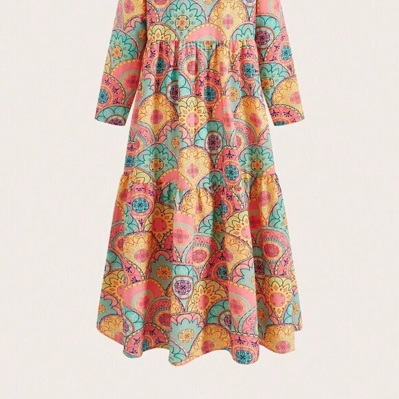 Multicolor Boho Womens Tie-Front Neck Loose Fit Printed Maxi Dress - Picture 5 of 5